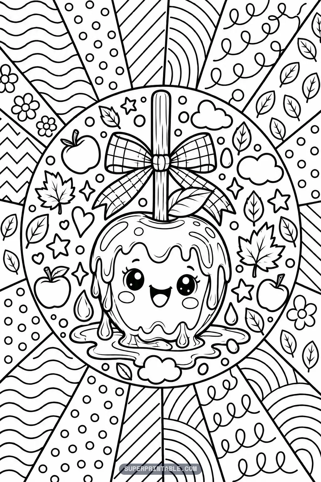 A smiling caramel apple on a stick with a plaid bow on an October pop art coloring page.