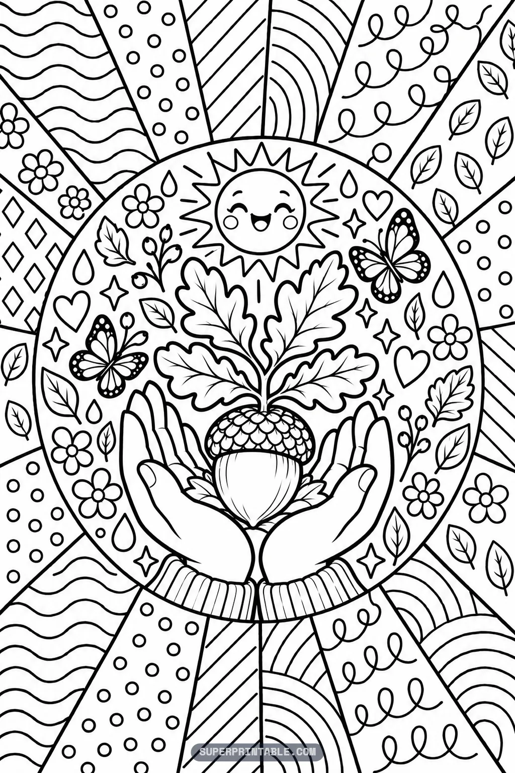 Two hands holding an acorn with oak leaves sprouting from it on an October pop art coloring page.