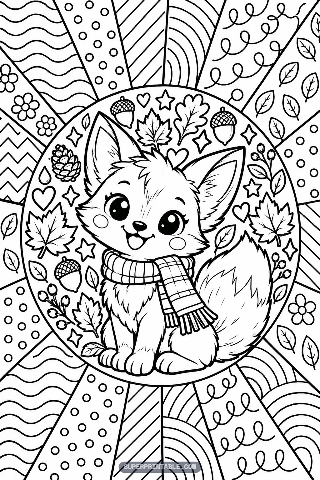 A playful fox wearing a plaid scarf with fringed ends on an October pop art coloring page.