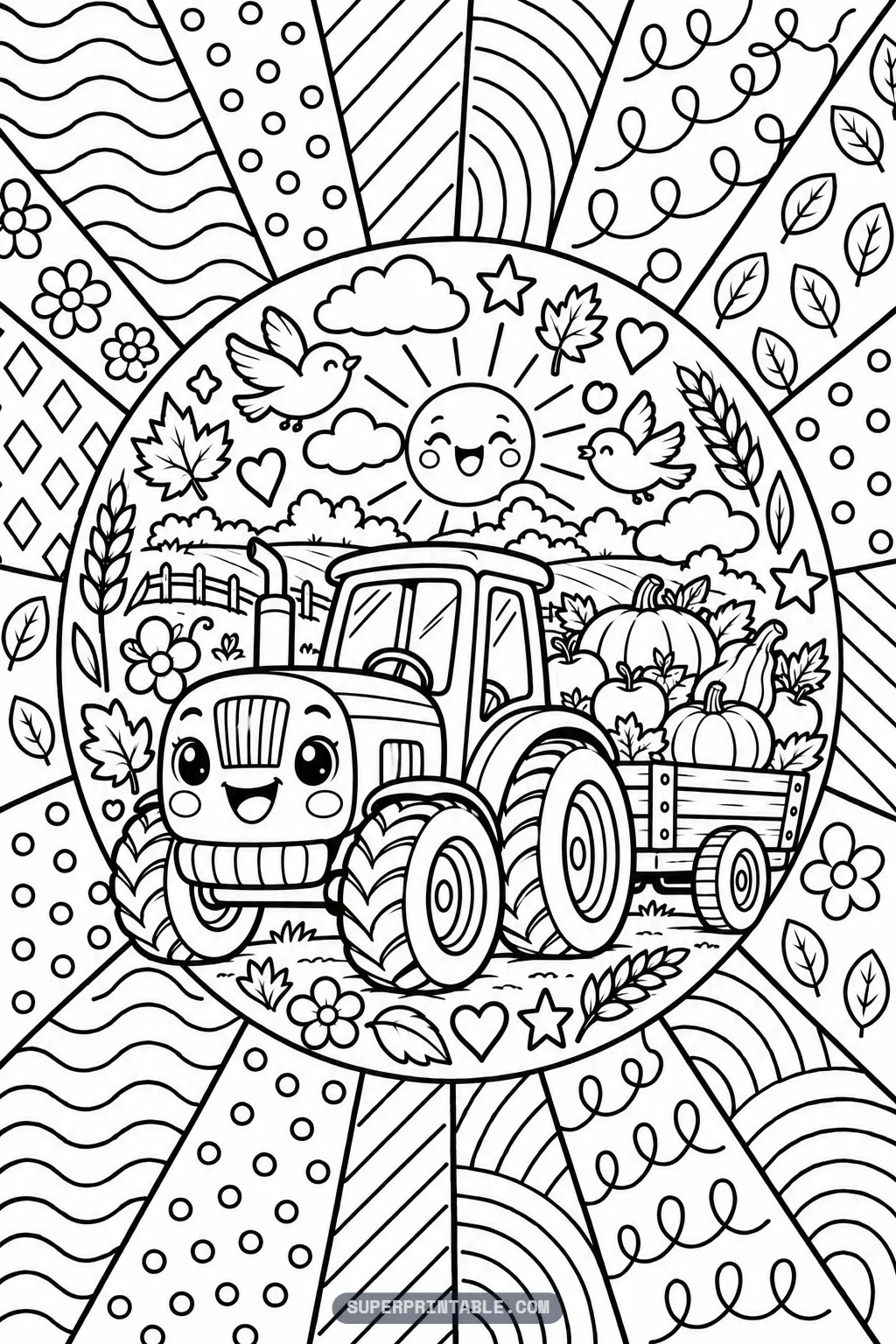A smiling tractor pulling a pumpkin cart under a happy sun on an October pop art coloring page.
