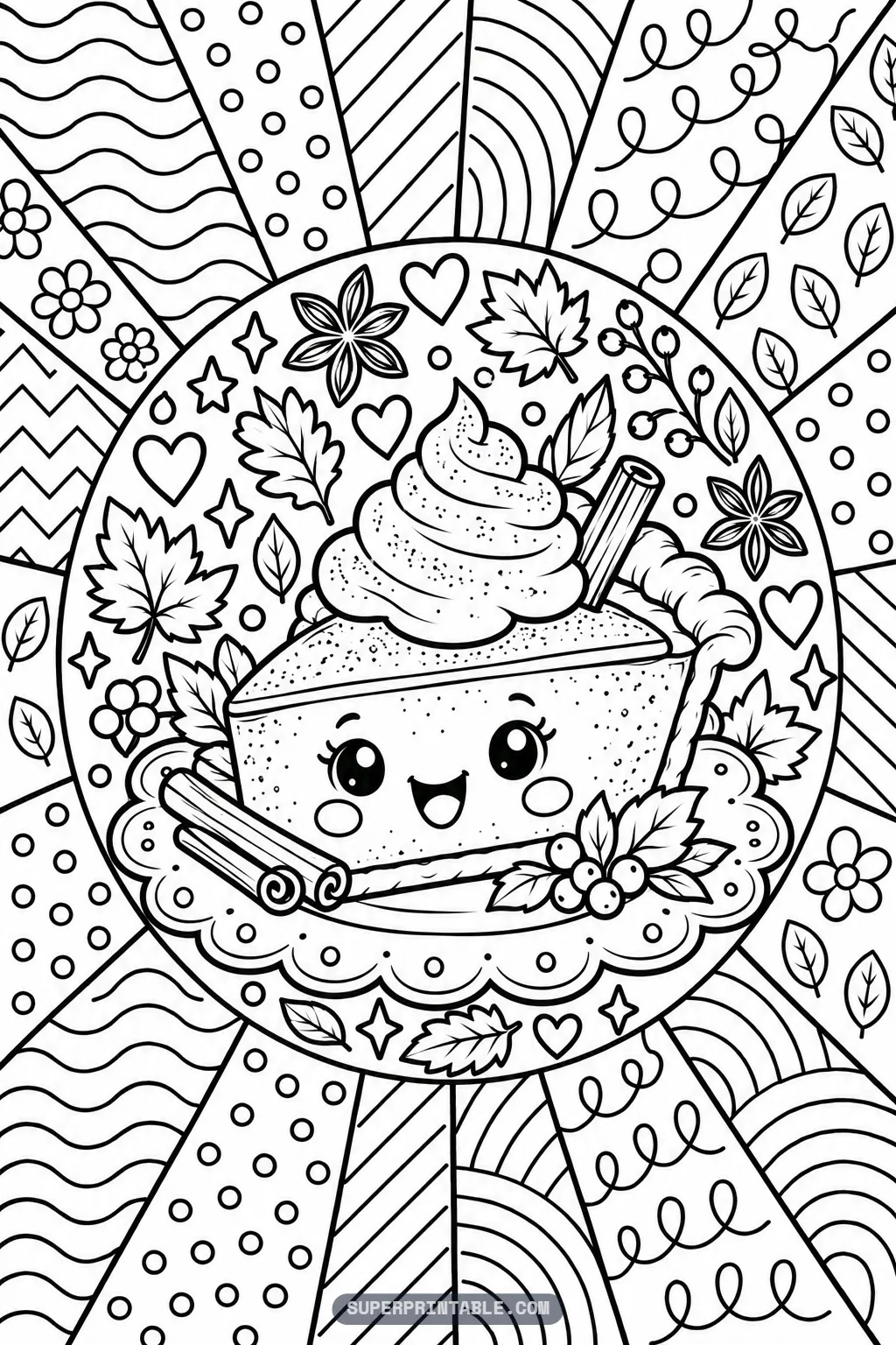 A happy slice of pie with whipped cream, cinnamon sticks and berries on an October pop art coloring page.