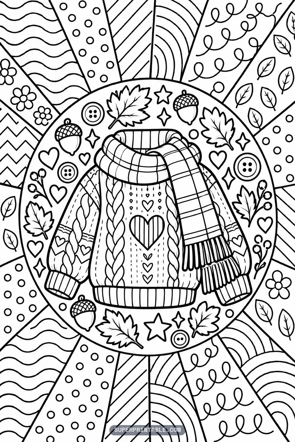 A chunky knit sweater with a heart and a long fringed plaid scarf on an October pop art coloring page.