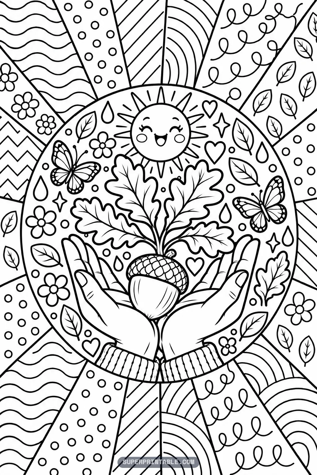 Two hands cradling a sprouting acorn under a smiling sun on an October pop art coloring page.