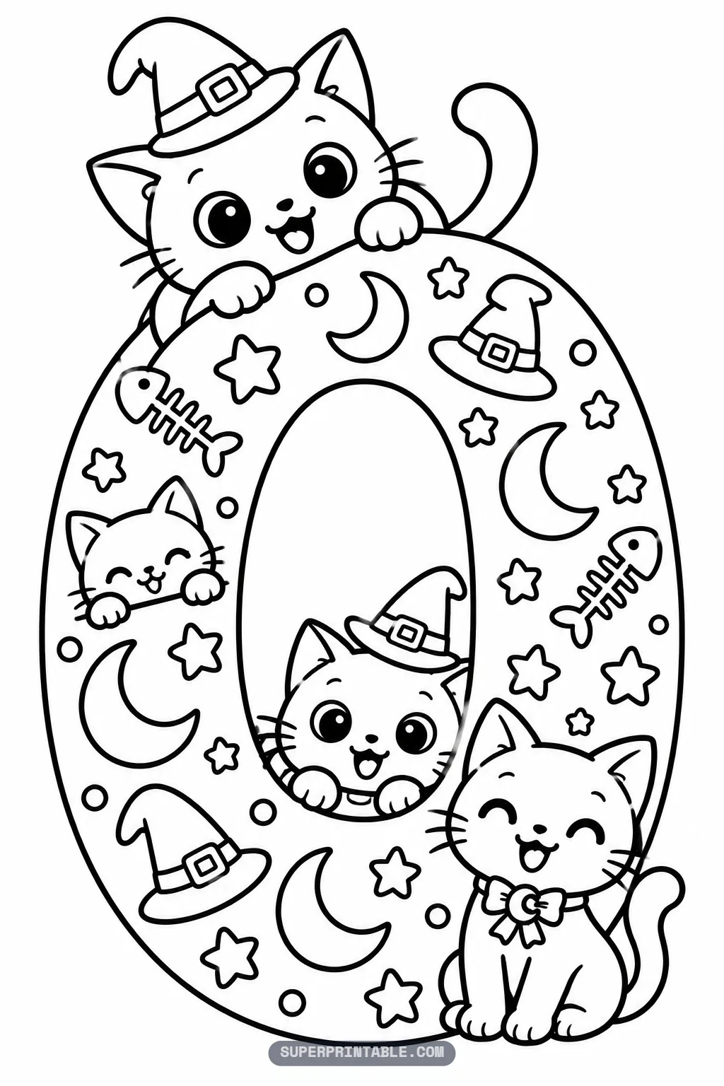 Black cat magic number zero coloring page with cats peeking from a star and moon filled digit.