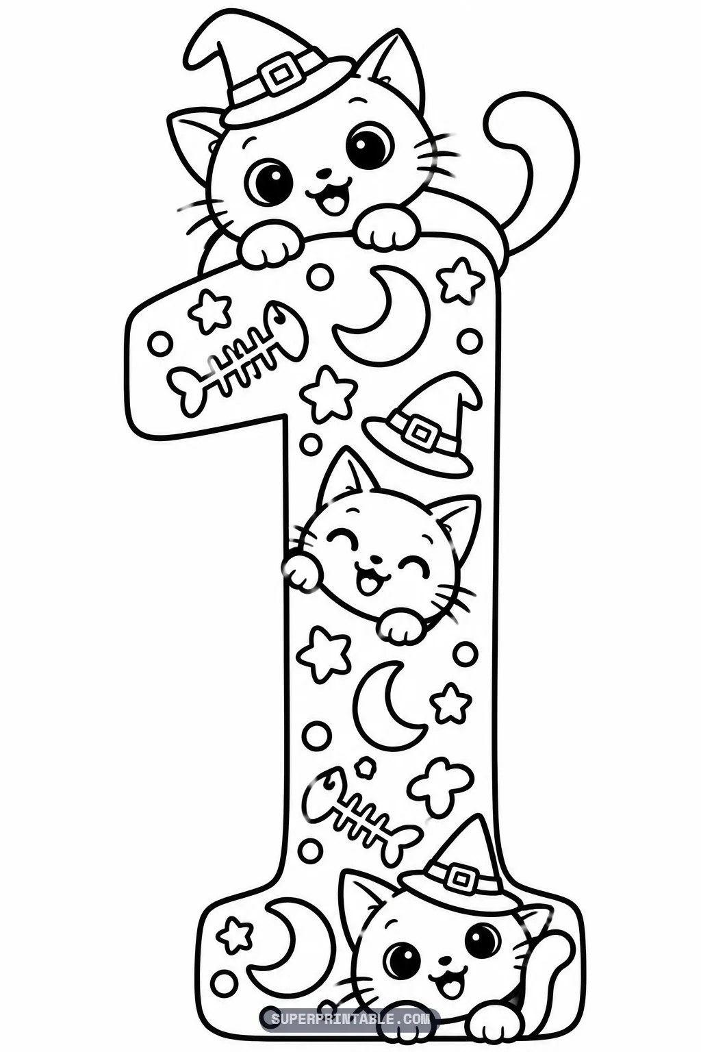 Black cat magic number one coloring page with three witch hat cats peeking around a tall digit.