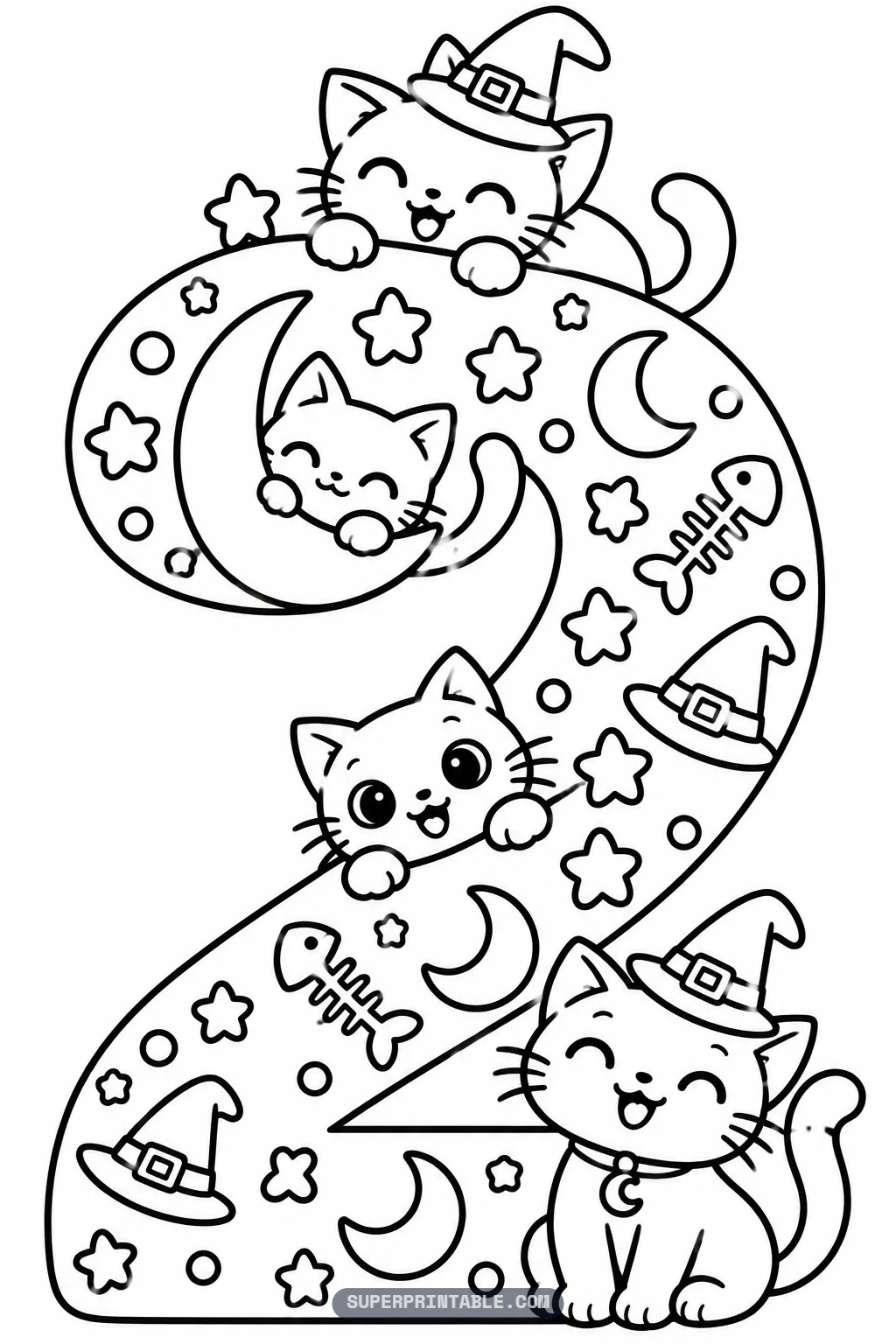 Black cat magic number two coloring page with a cat on top, a cat in a moon and a cat at the base.