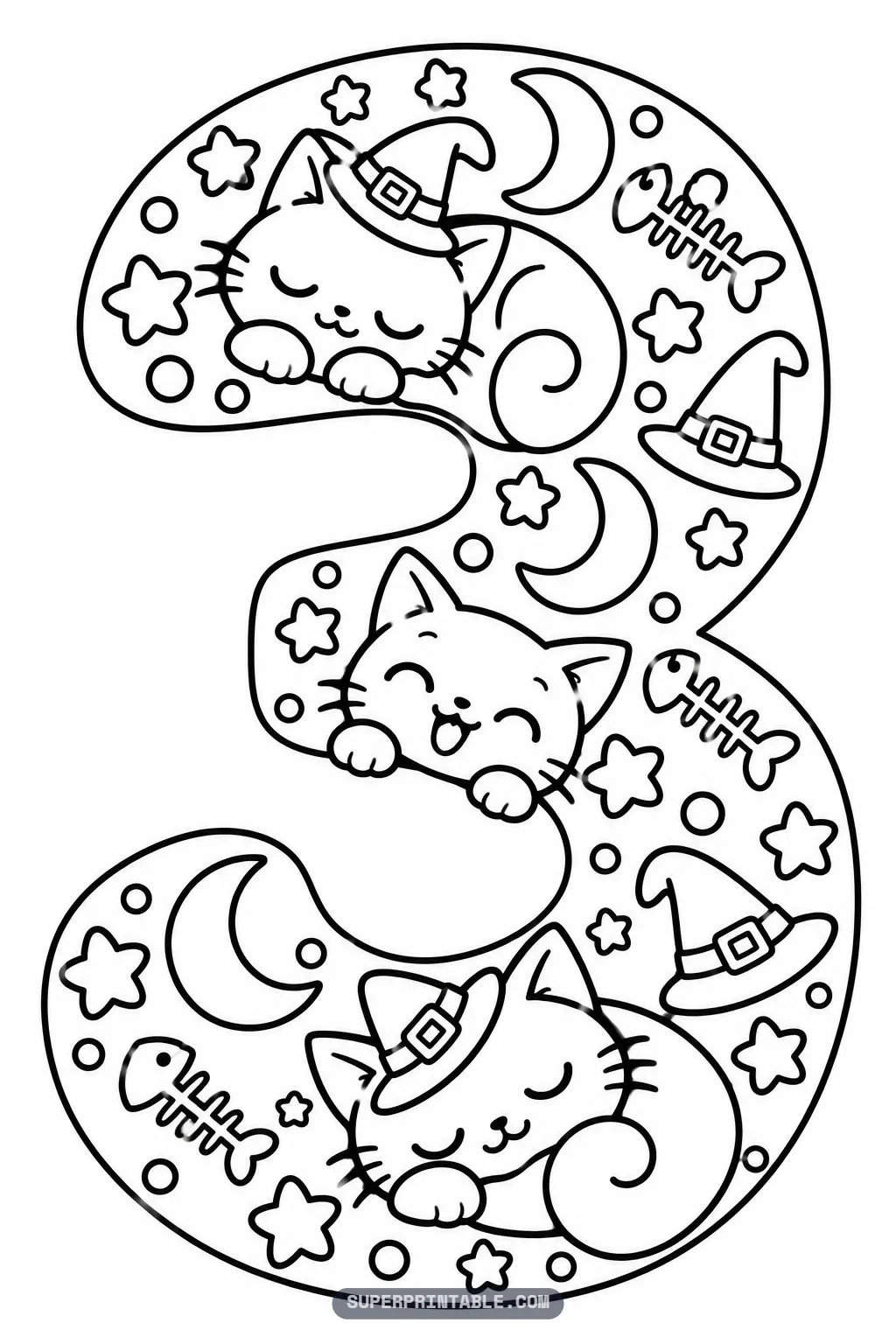 Black cat magic number three coloring page with two sleeping witch cats and one playful peeking cat.