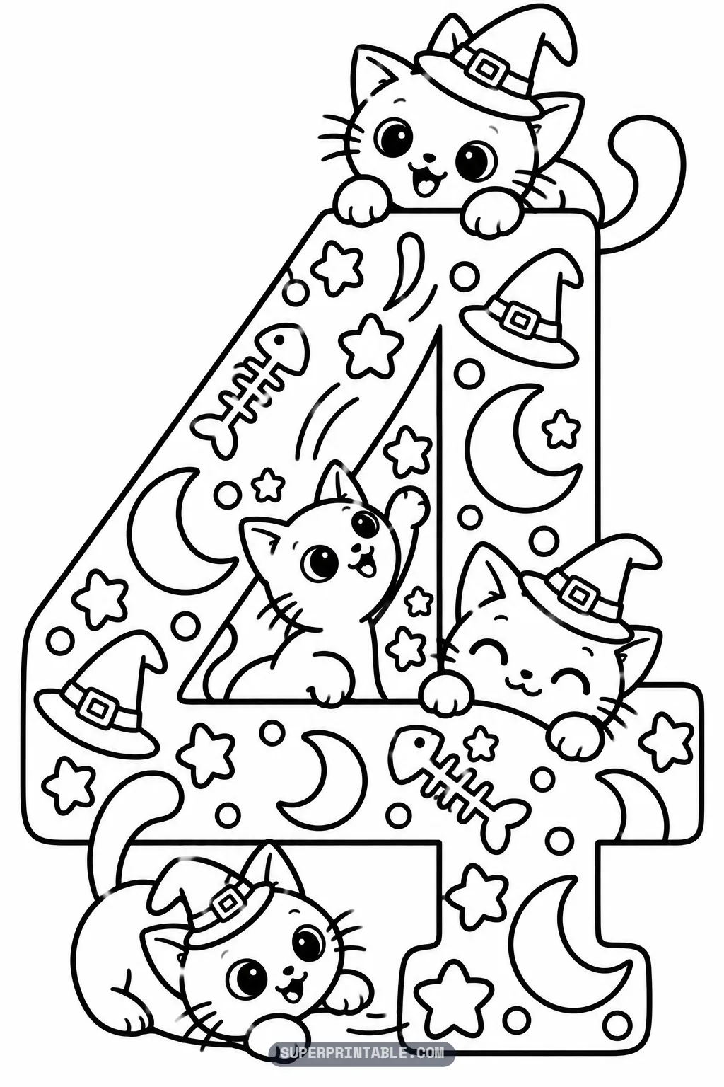 Black cat magic number four coloring page with four witch hat kittens around a star filled digit.