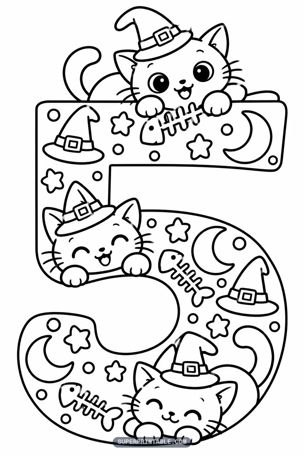 Black cat magic number five coloring page with three witch hat cats peeking from a moon filled digit.