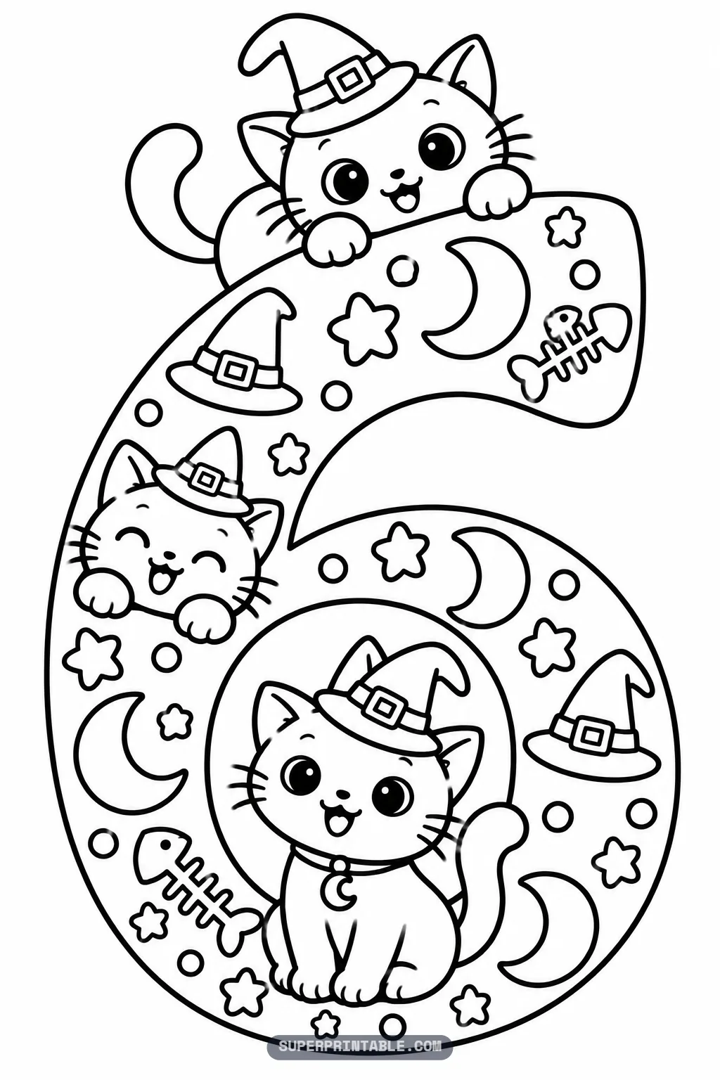 Black cat magic number six coloring page with a cat on top and a full cat sitting in the bottom loop.