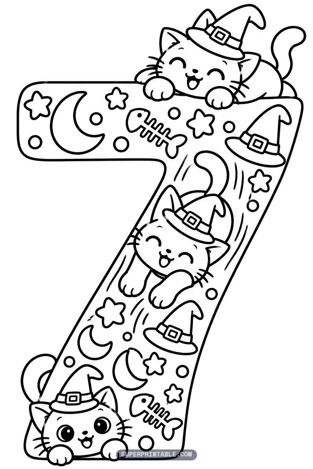Black cat magic number seven coloring page with a cat lying on top and another sliding down the digit.