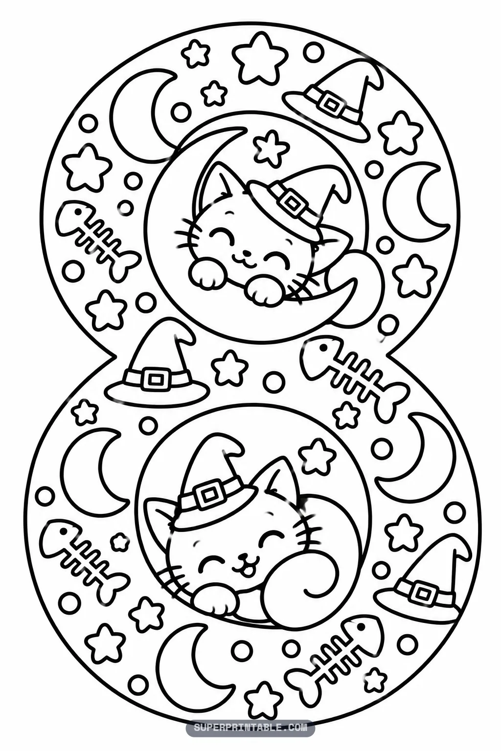 Black cat magic number eight coloring page with a cat on a moon in the top loop and a sleeping cat below.