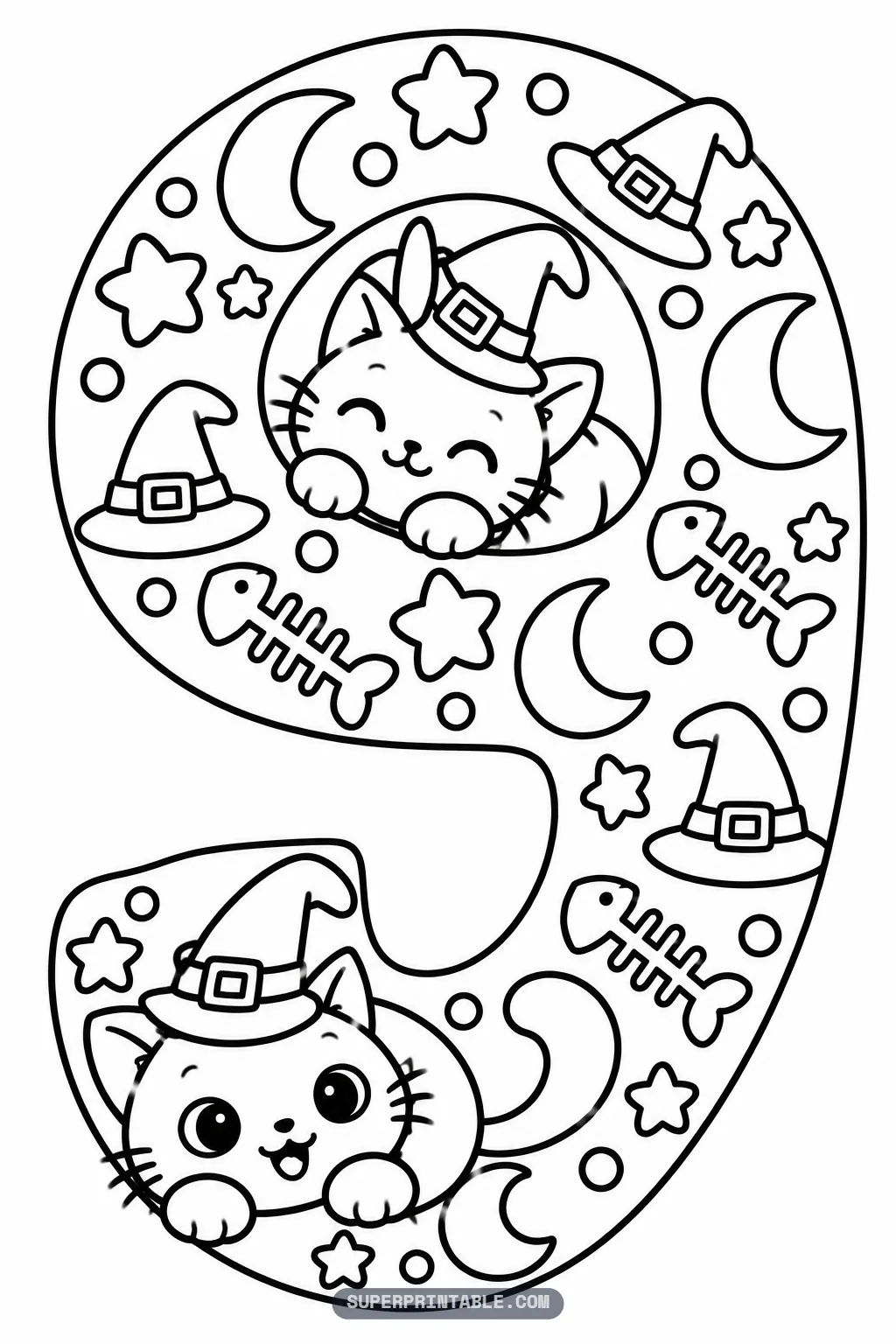 Black cat magic number nine coloring page with a content cat in the top loop and a cheerful cat at the base.
