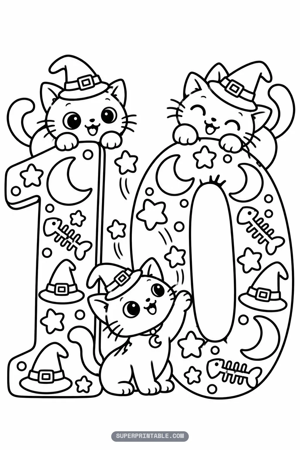 Black cat magic number ten coloring page with three witch hat cats around the one and the zero.