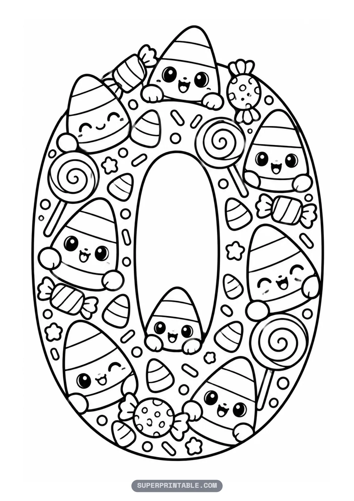 Candy and treats Halloween number zero coloring page with smiling candy corn and lollipops inside a big zero.