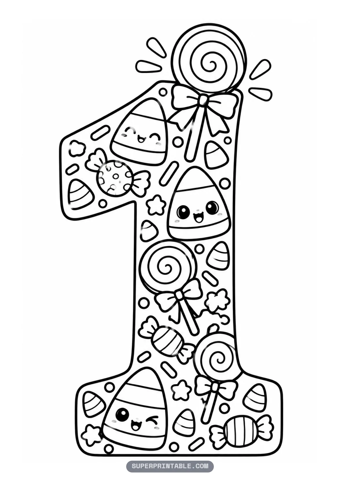 Candy and treats Halloween number one coloring page with candy corn faces and bow tied lollipops in a tall one.