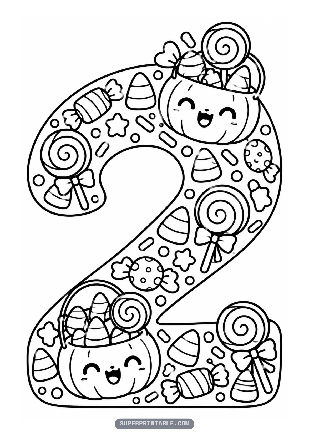 Candy and treats Halloween number two coloring page with two jack-o-lantern candy buckets inside a number two.