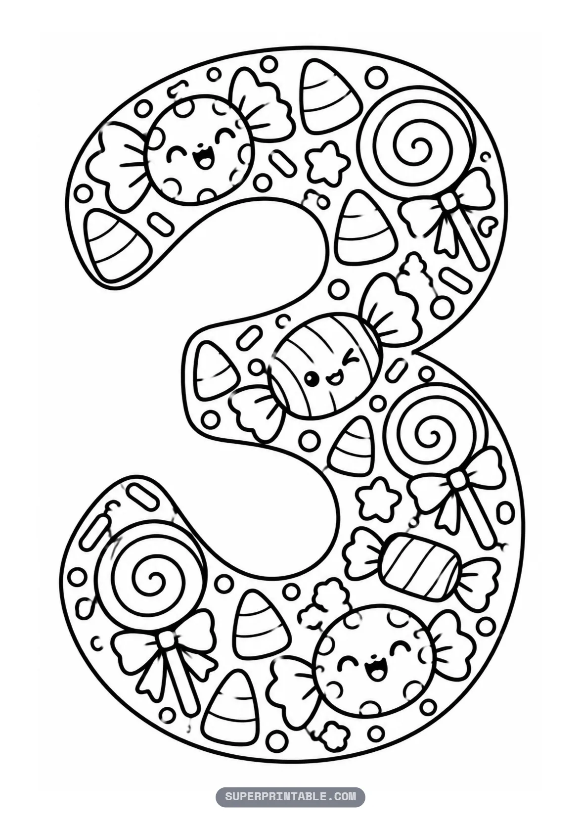 Candy and treats Halloween number three coloring page with kawaii wrapped candies and candy corn in a number three.