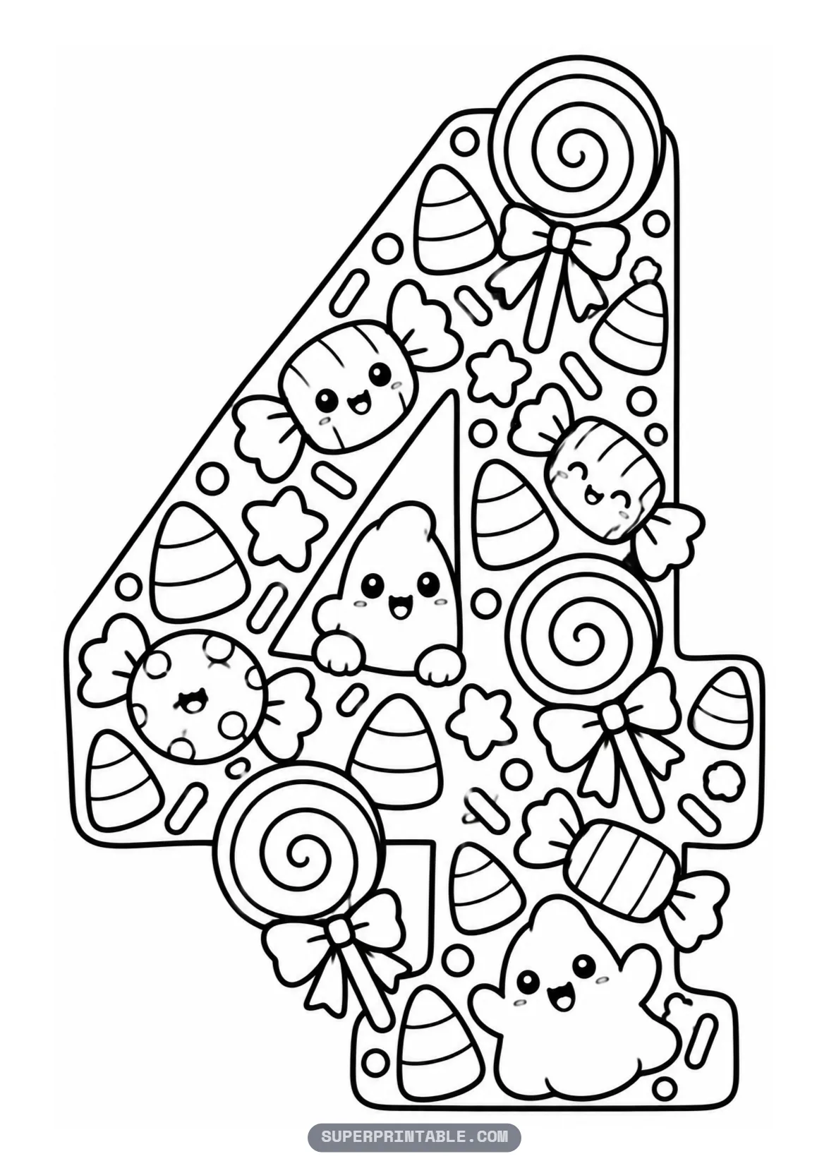 Candy and treats Halloween number four coloring page with lollipops, candy corn and tiny ghosts in a number four.