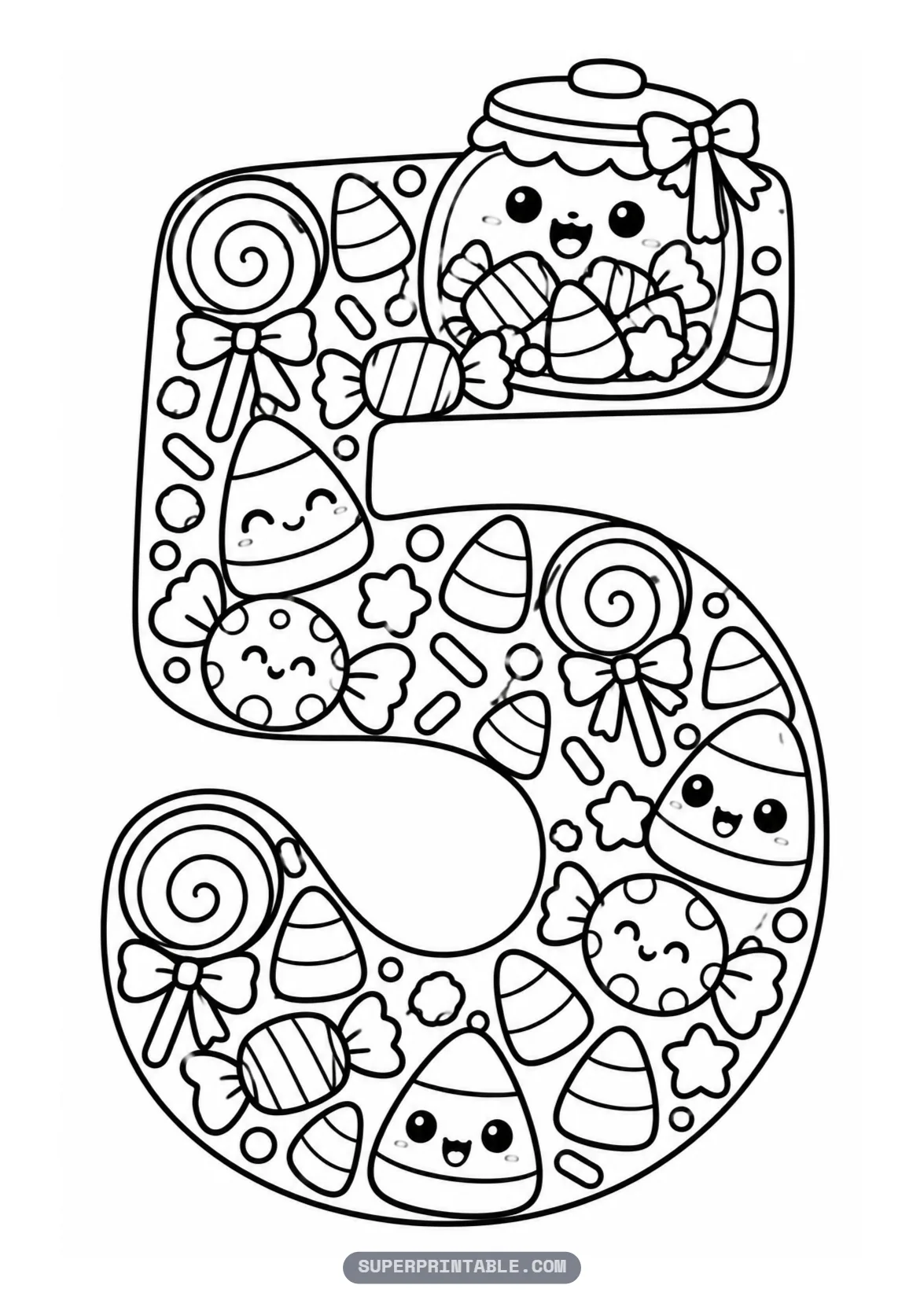 Candy and treats Halloween number five coloring page with a smiling candy jar with lollipops in a number five.