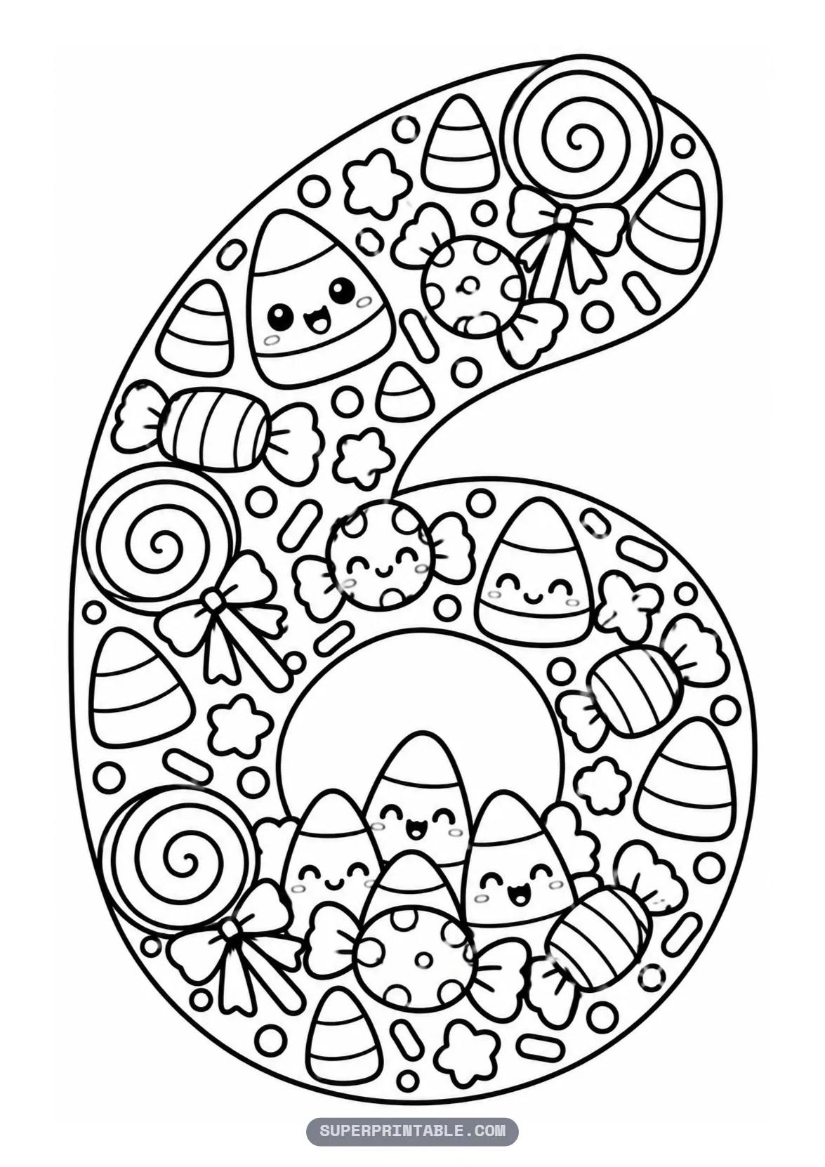 Candy and treats Halloween number six coloring page with bow tied lollipops and candy corn in a number six.