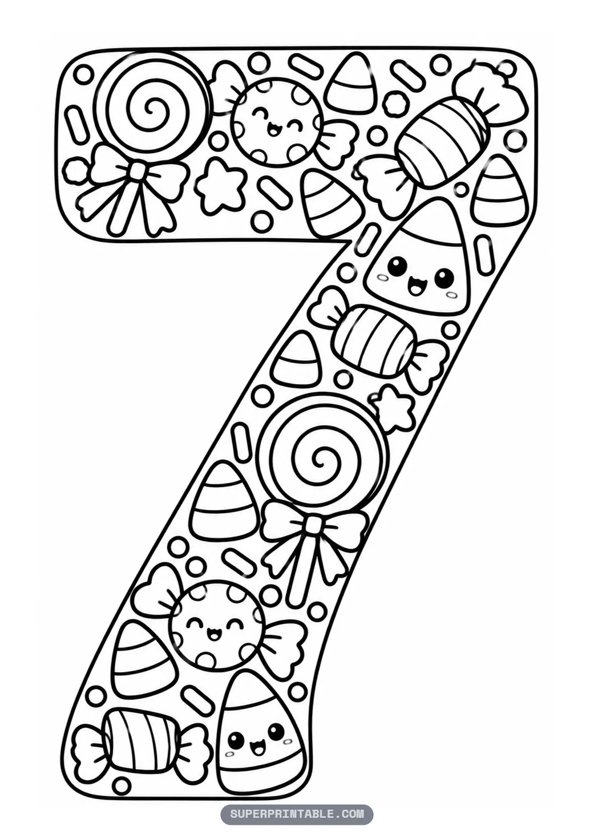 Candy and treats Halloween number seven coloring page with swirl lollipops and smiling candy corn in a number seven.
