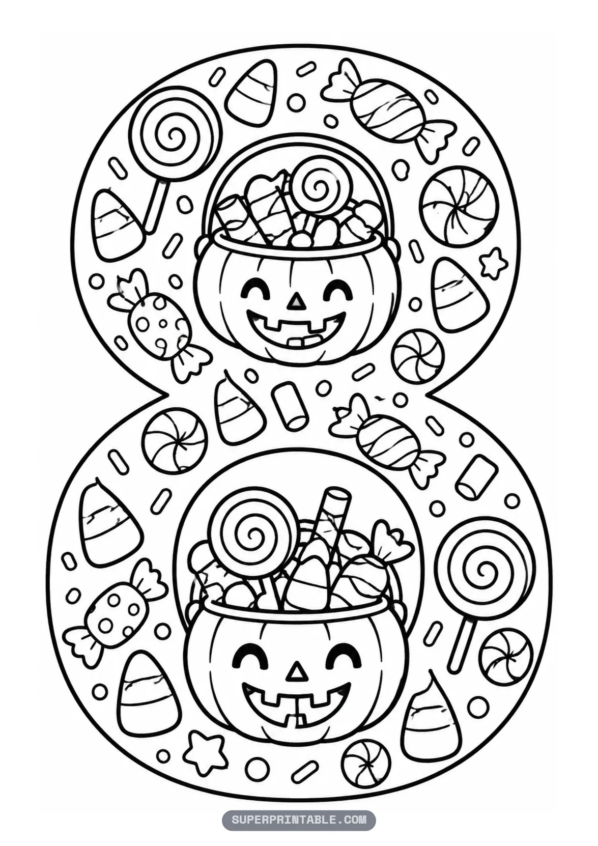 Candy and treats Halloween number eight coloring page with two pumpkin candy buckets inside a number eight.