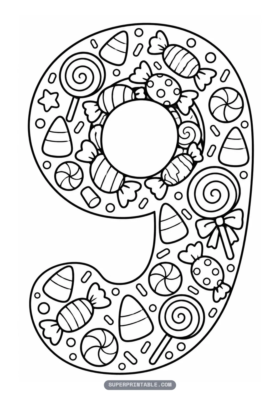 Candy and treats Halloween number nine coloring page with candy corn and swirl lollipops in a number nine.