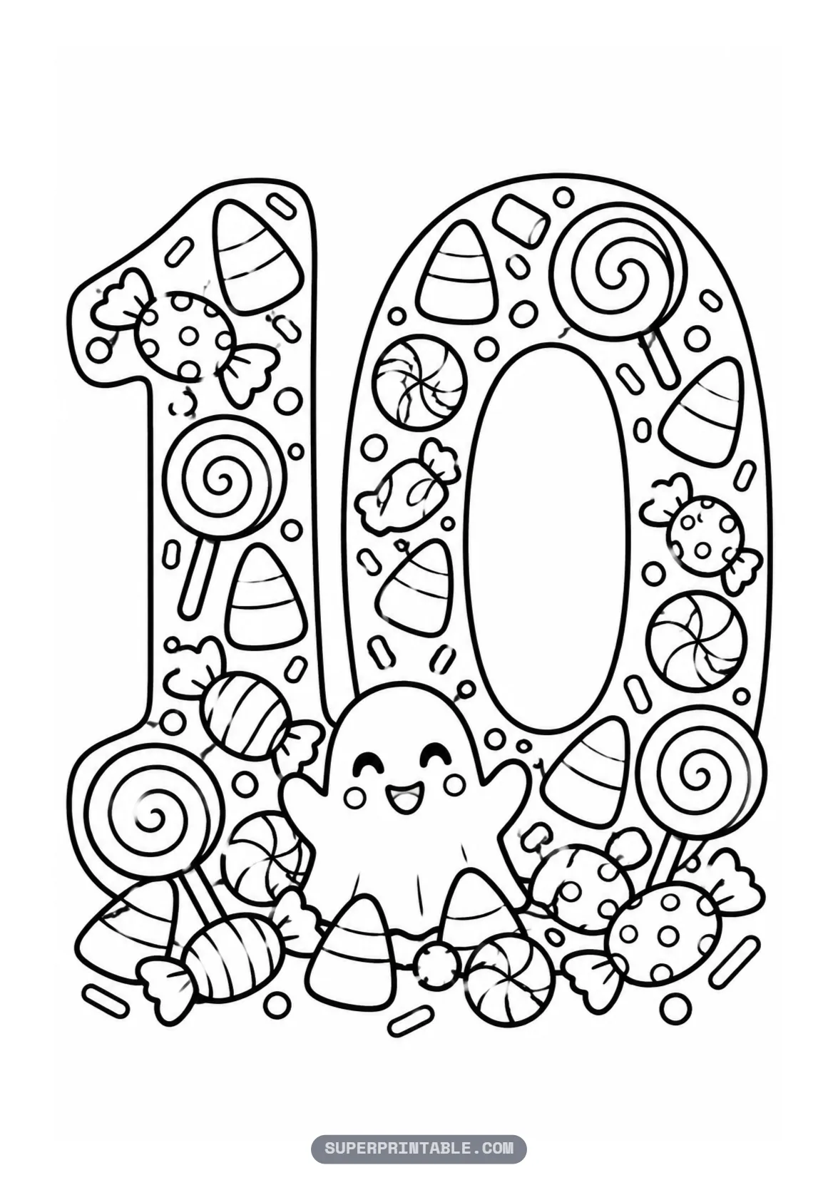 Candy and treats Halloween number ten coloring page with a candy filled ten with a cheerful ghost at the base.