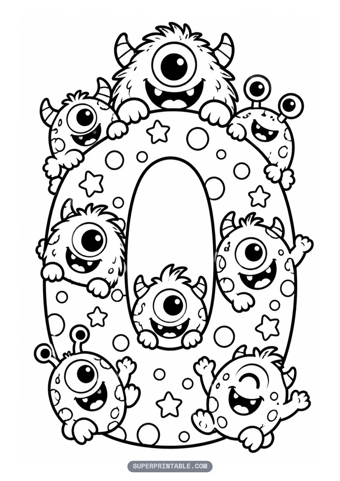 Cute friendly monster number zero coloring page with seven cute monsters peeking from a polka dotted zero.
