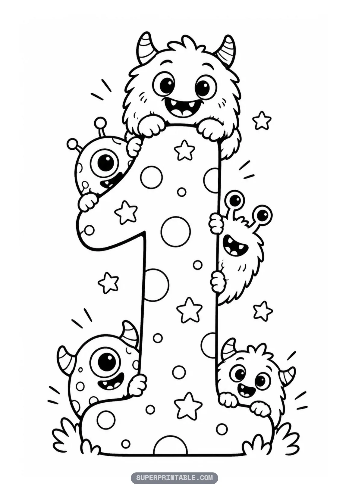 Cute friendly monster number one coloring page with five friendly monsters peeking around a tall star filled one.