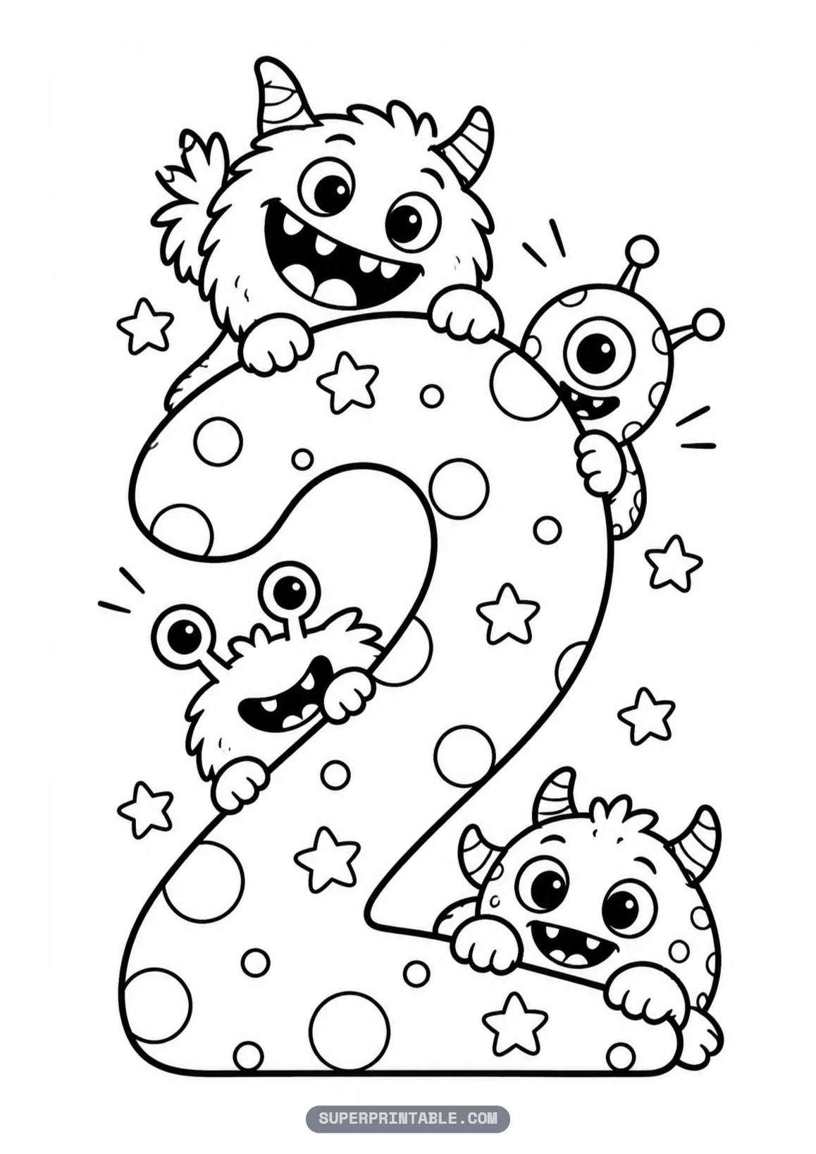 Cute friendly monster number two coloring page with four cute monsters around a polka dotted number two.