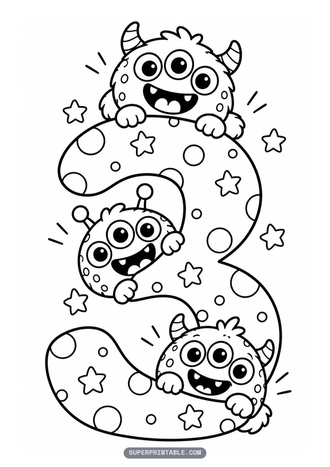 Cute friendly monster number three coloring page with three three eyed monsters peeking from a star filled three.
