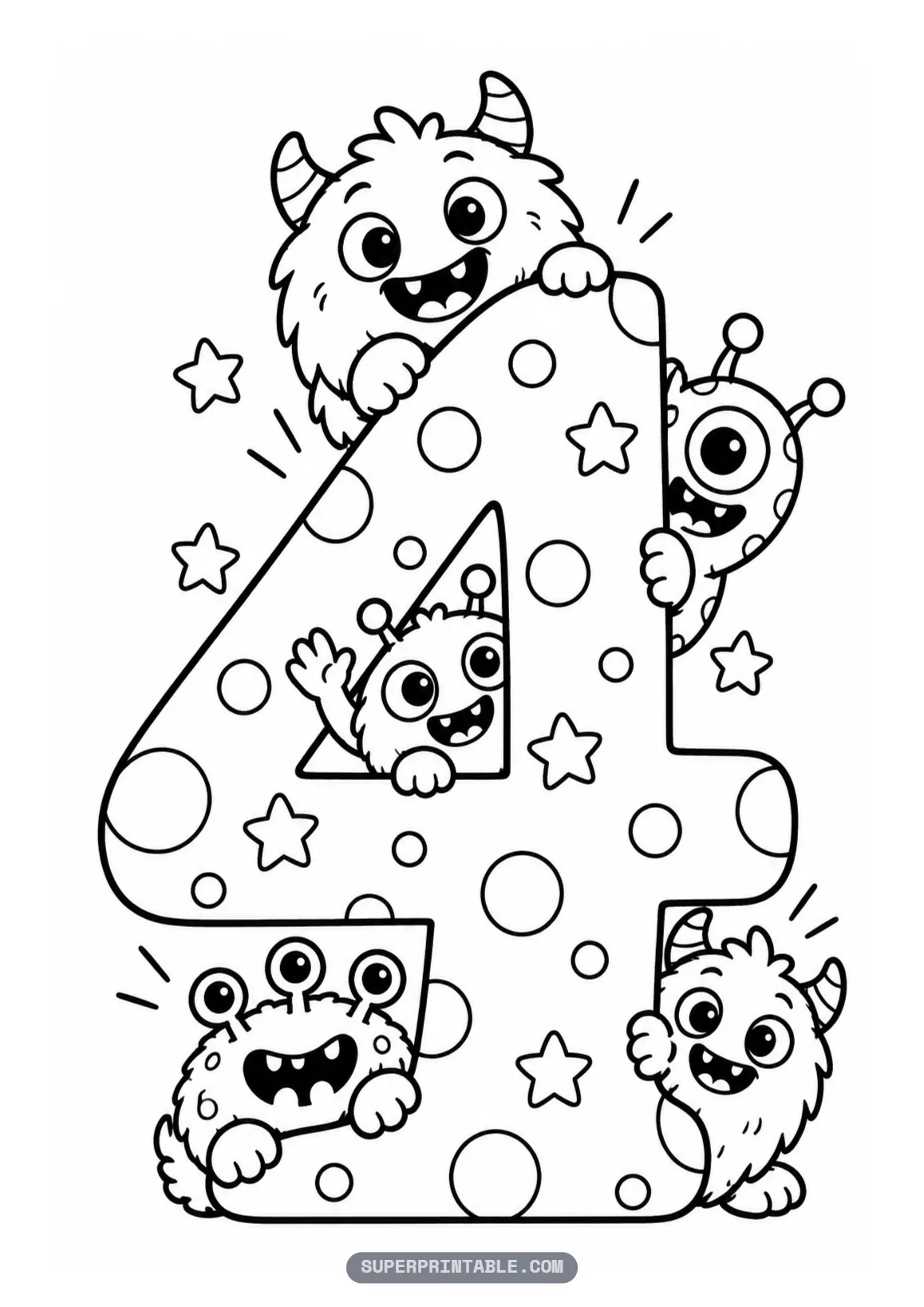 Cute friendly monster number four coloring page with five friendly monsters peeking from a bubbly number four.