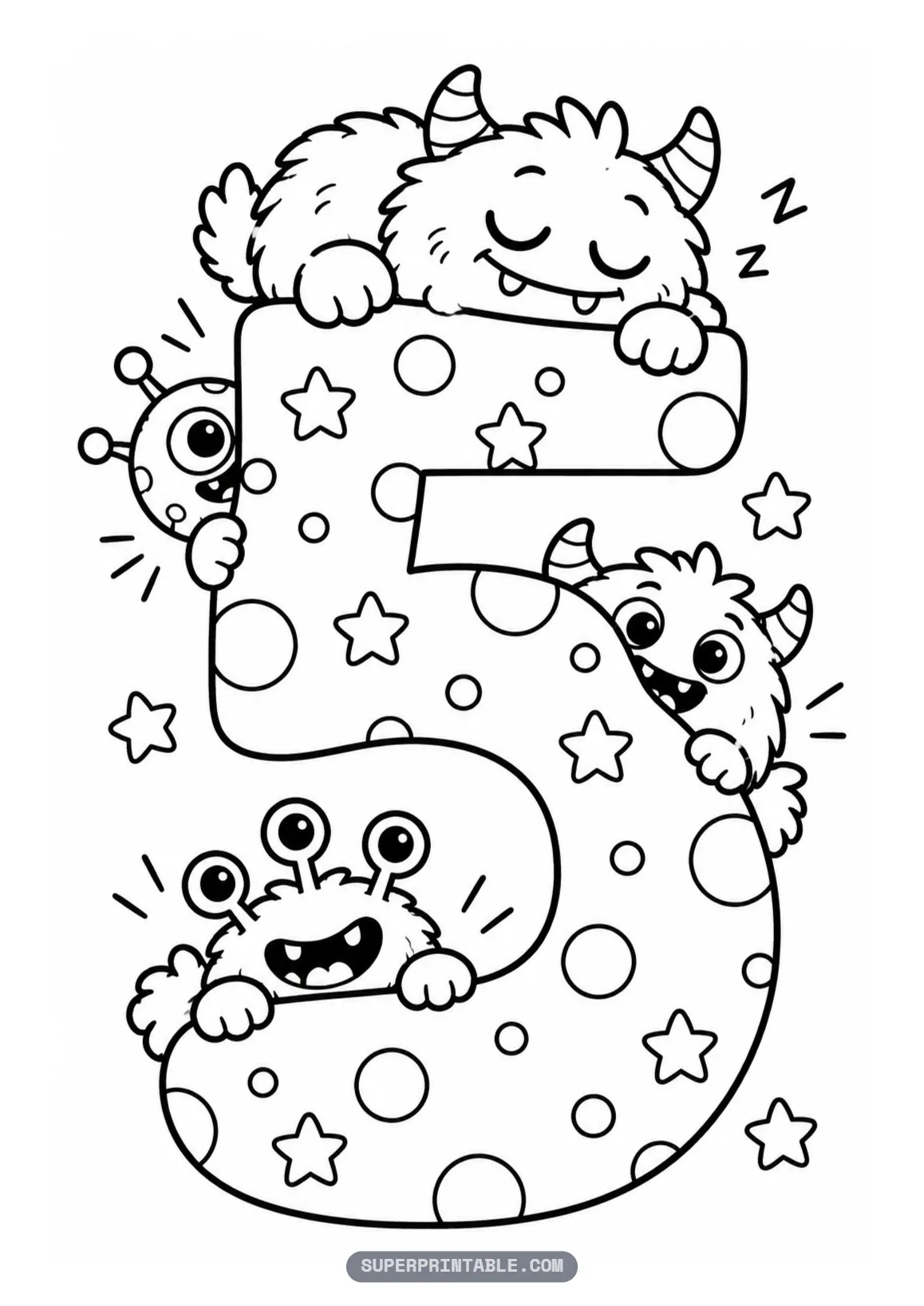 Cute friendly monster number five coloring page with a sleeping monster and three friends on a dotted number five.