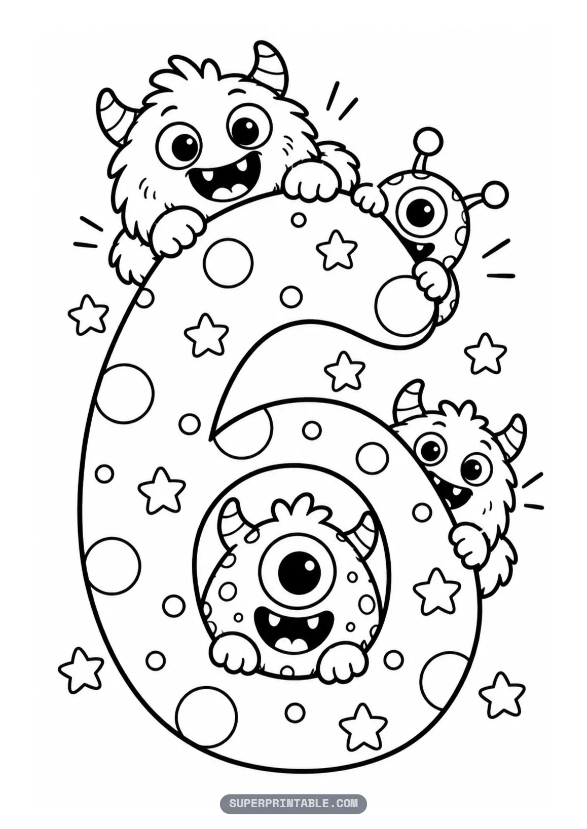 Cute friendly monster number six coloring page with four cute monsters peeking from a star filled number six.