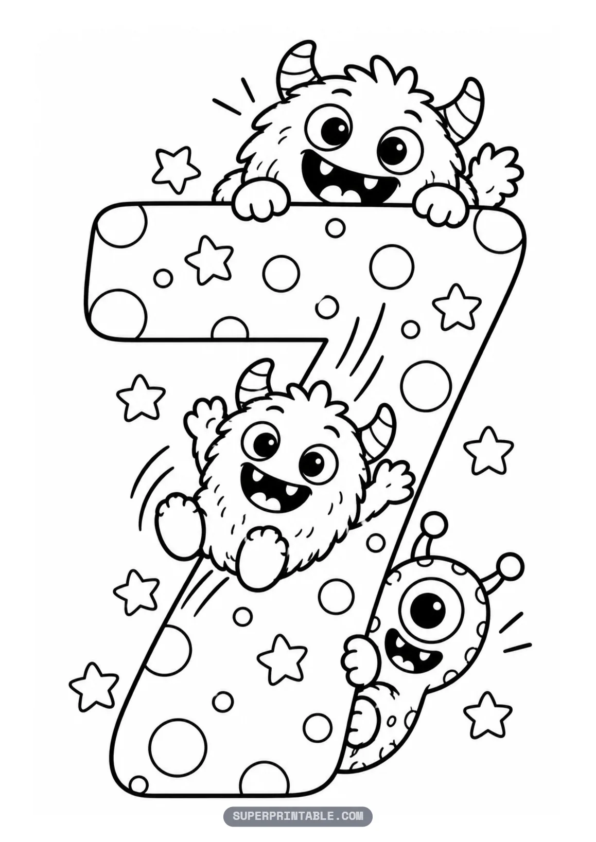 Cute friendly monster number seven coloring page with three friendly monsters on a sliding number seven.