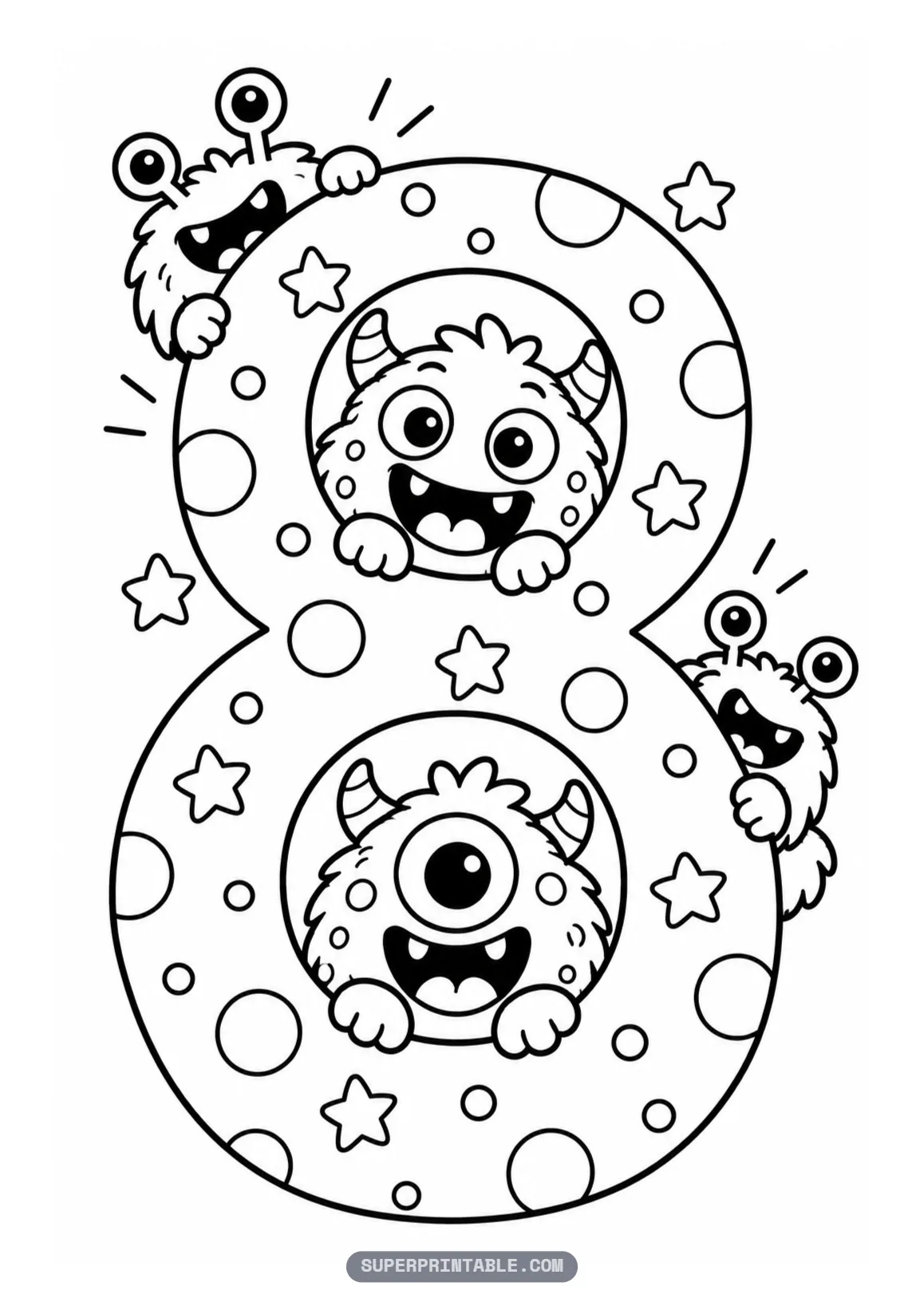 Cute friendly monster number eight coloring page with four cute monsters peeking from the loops of an eight.