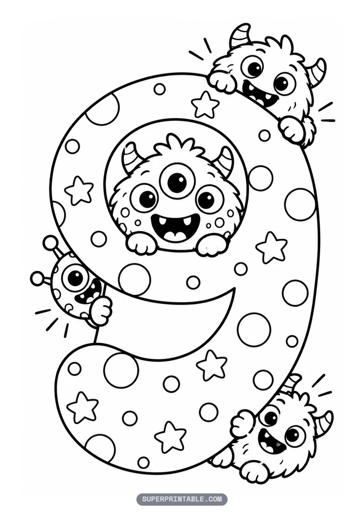 Cute friendly monster number nine coloring page with four friendly monsters around a star filled number nine.