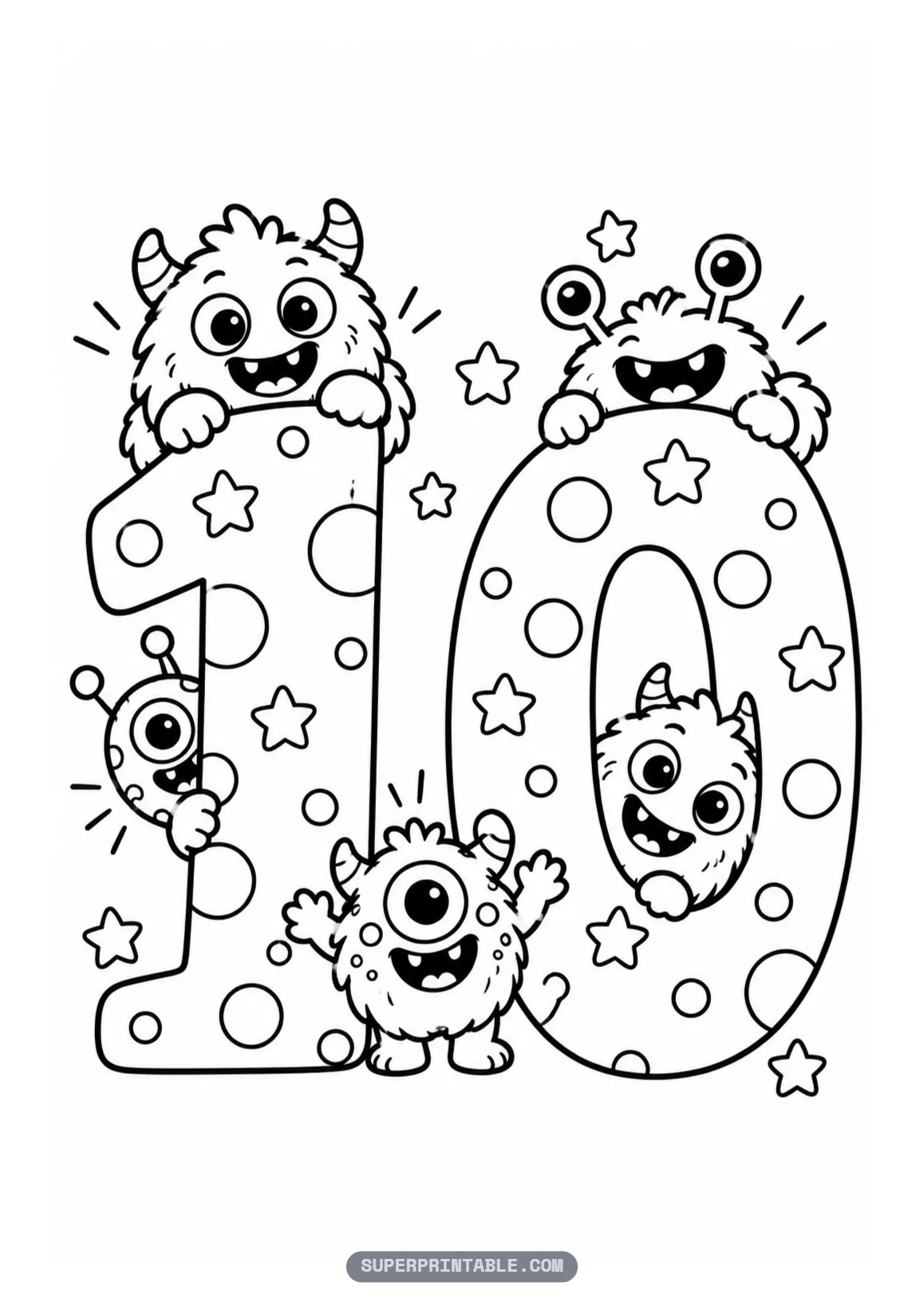 Cute friendly monster number ten coloring page with five cute monsters around a polka dotted number ten.