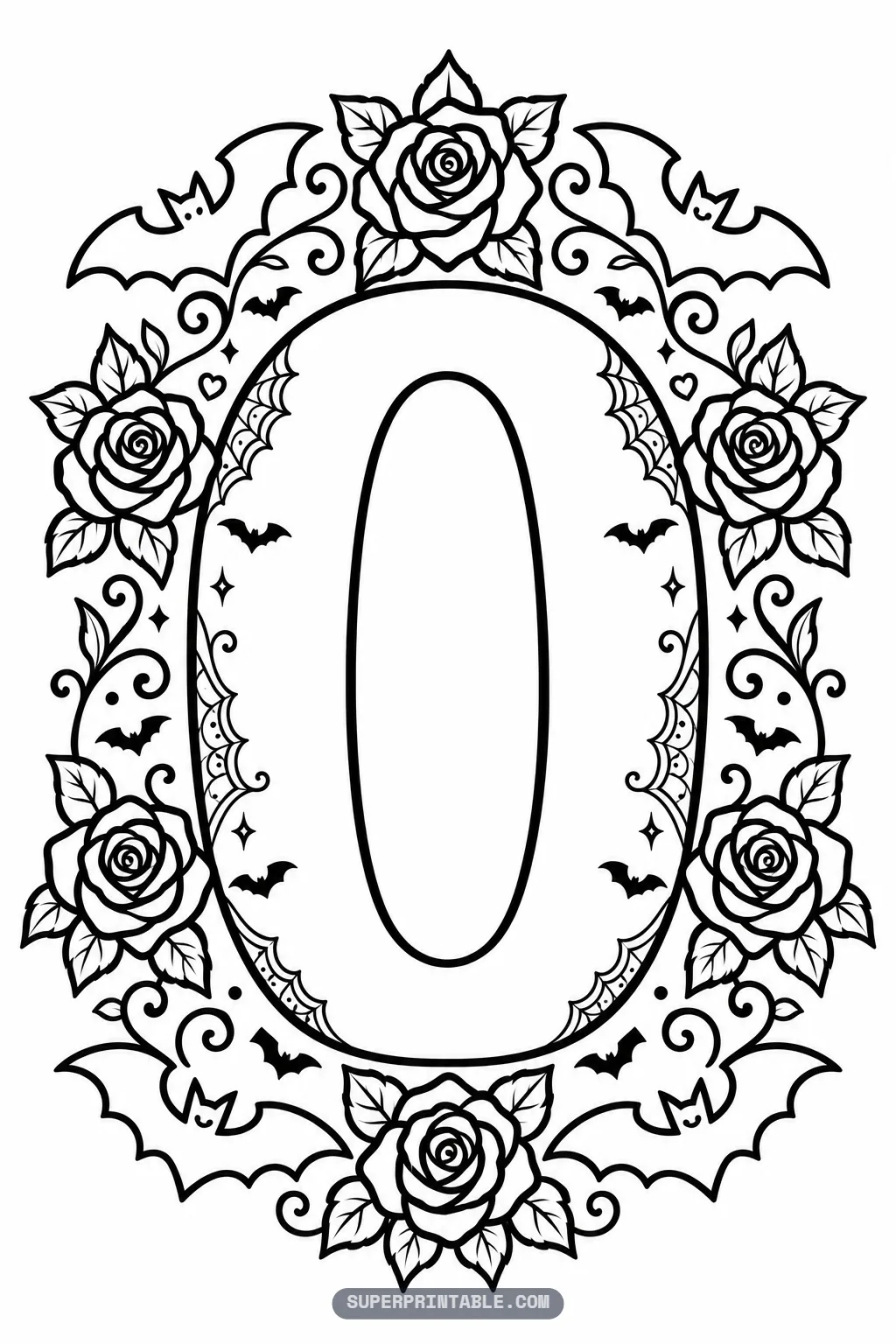 Cute vampire gothic number coloring pages featuring a large number zero inside an oval frame of roses and bat wings.