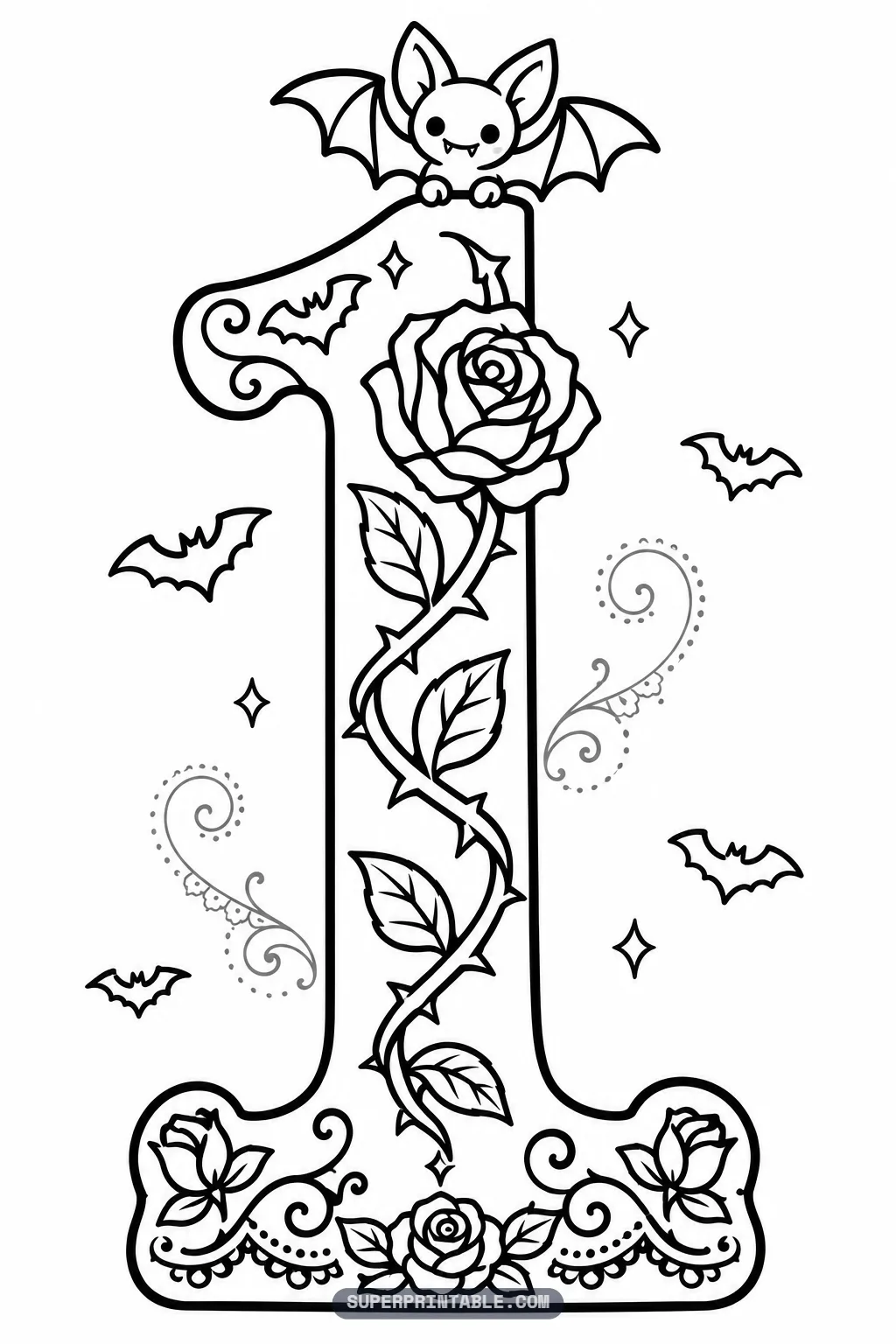Printable cute vampire gothic number coloring pages with a smiling bat on top of a tall number one and a thorny rose vine.