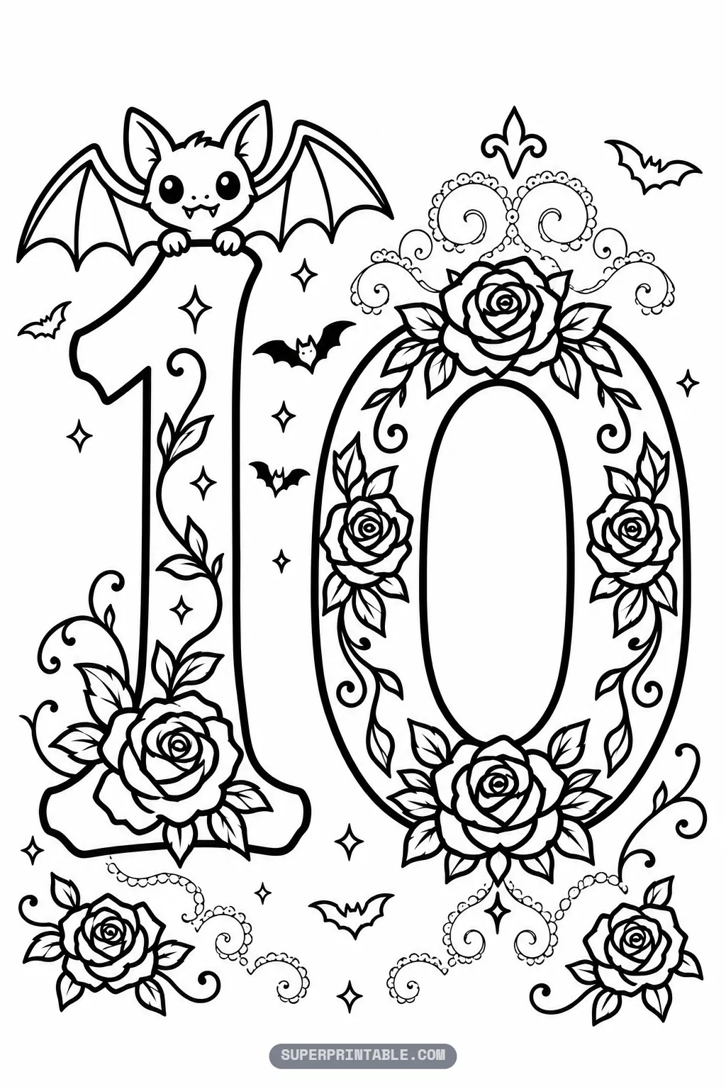 Bat sitting on top of the one in a number ten scene with a rose framed zero.