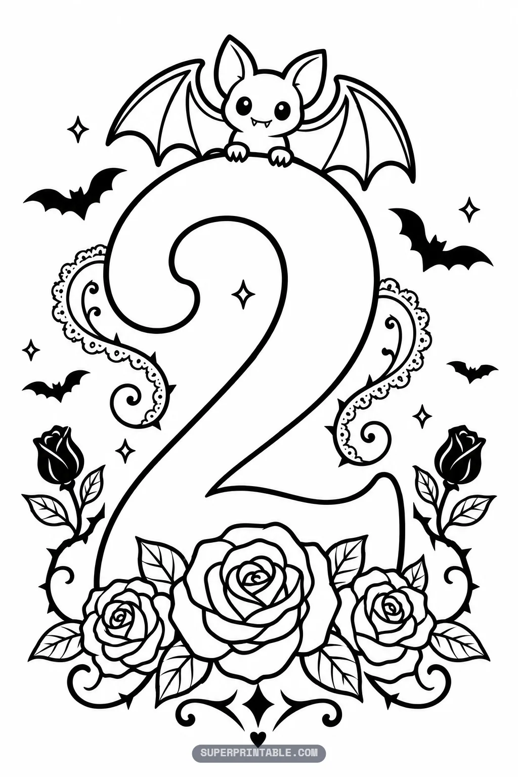 Cute bat perched on top of a big number two with three roses and black rosebuds at the base.