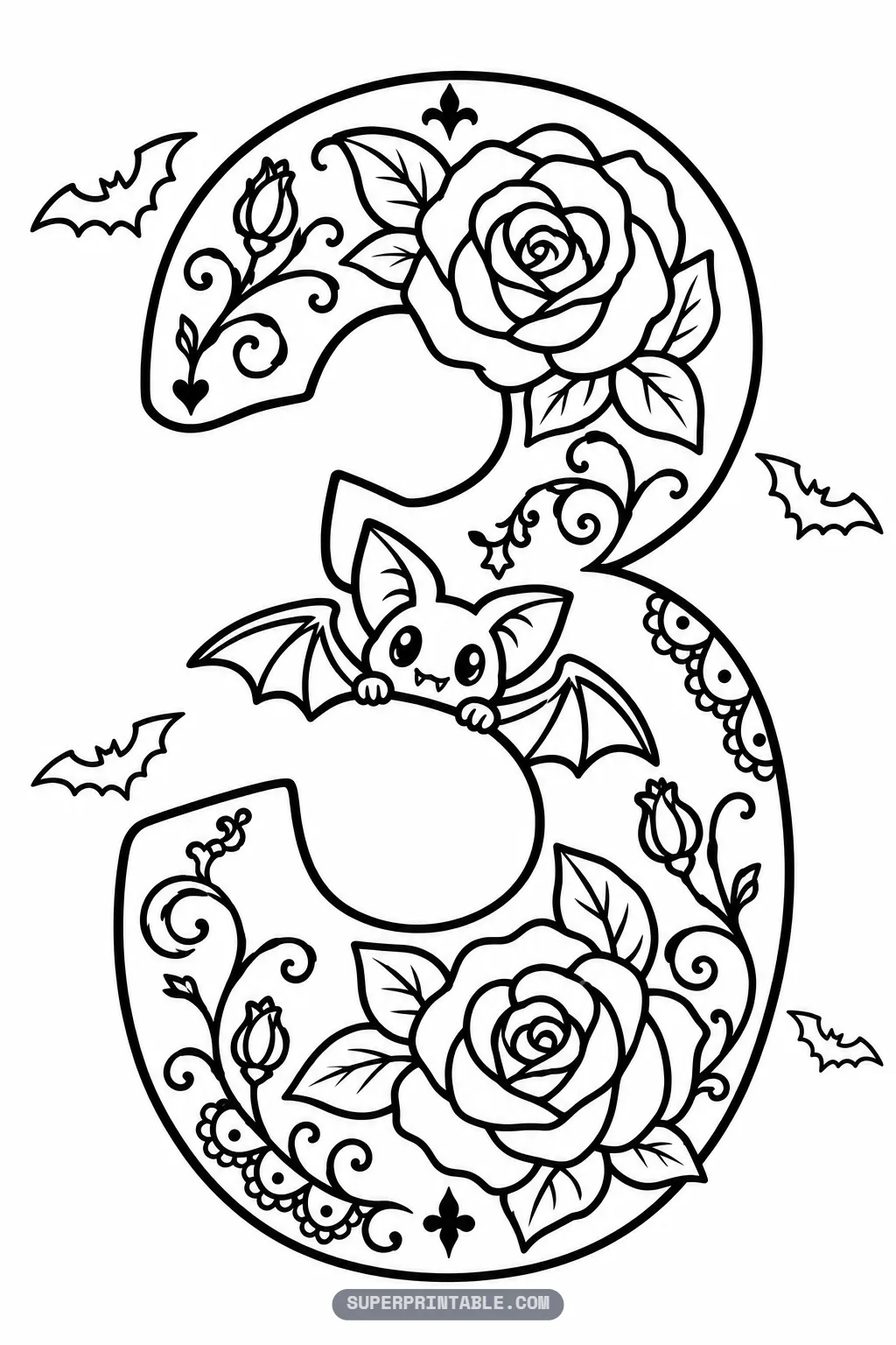 Number three filled with roses, swirls and lace with a cute bat peeking over the middle curve.