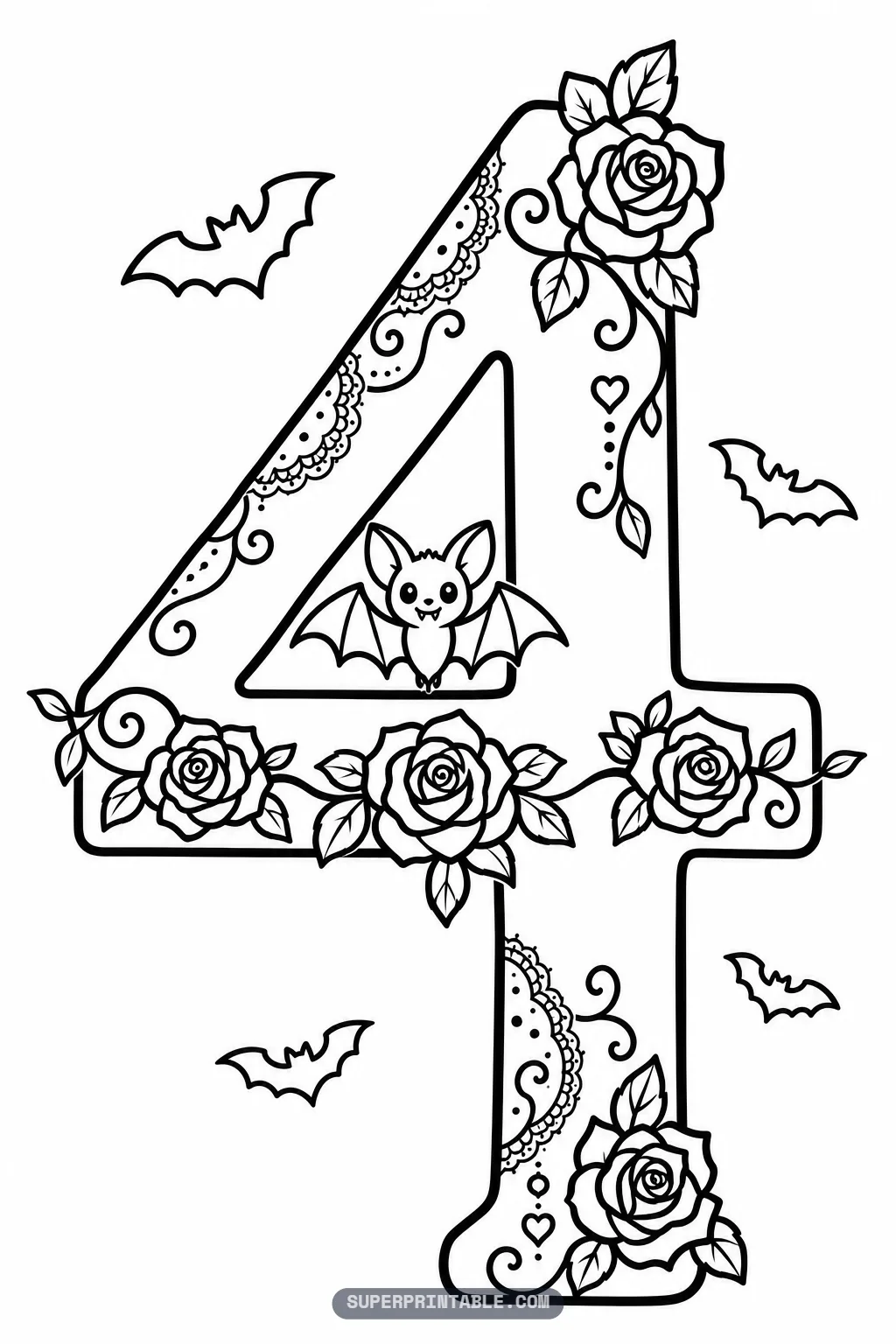 Little bat with spread wings inside the triangle of a number four with a rose garland across the crossbar.