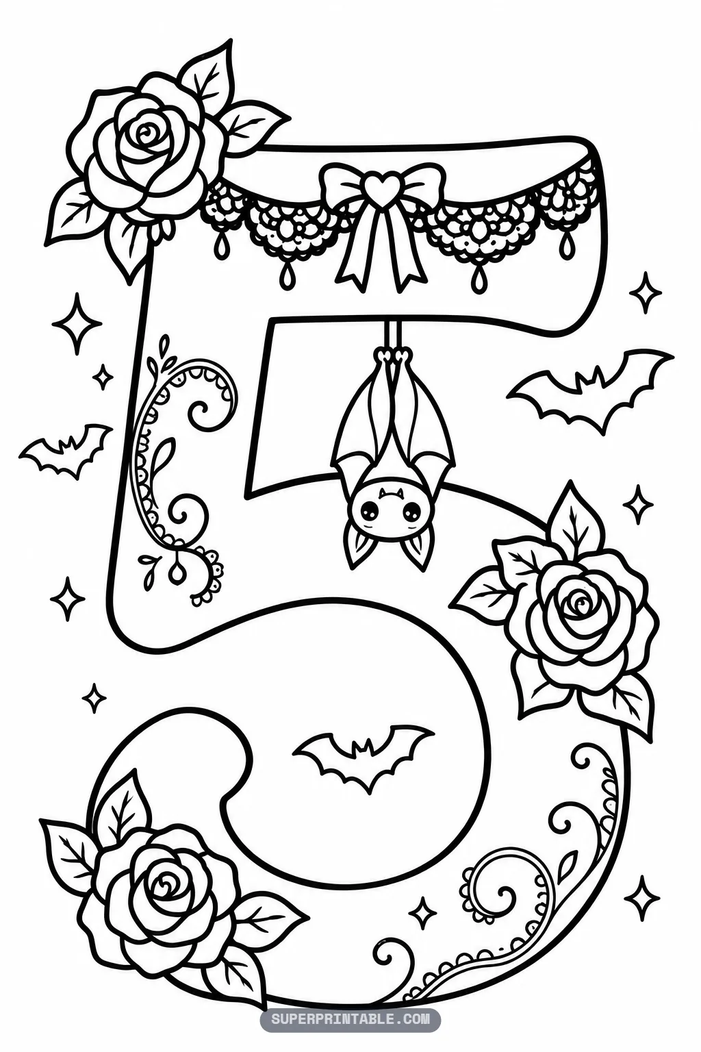 Number five decorated with lace bunting, a heart bow and a bat hanging upside down.
