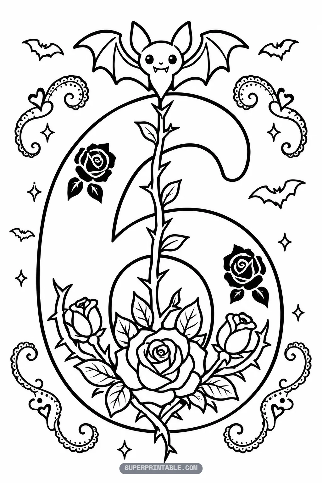 Cute bat at the top of a number six with a thorny rose stem, black roses and lace corners.