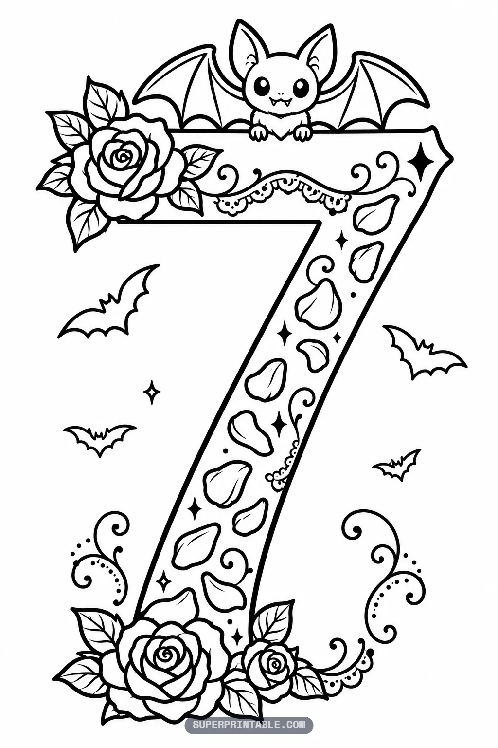 Bat with big eyes on the top bar of a number seven with rose petals scattered down the stem.