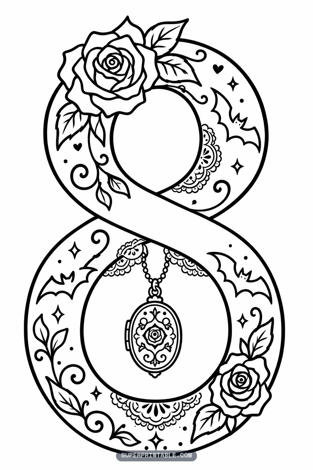 Number eight wrapped in roses with a rose locket hanging inside the lower loop.